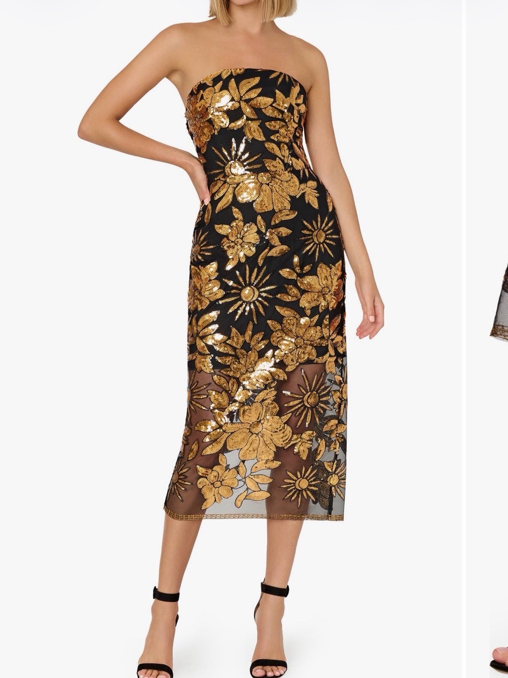 Milly Strapless Black Dress with Gold Floral Sequin Embroidery